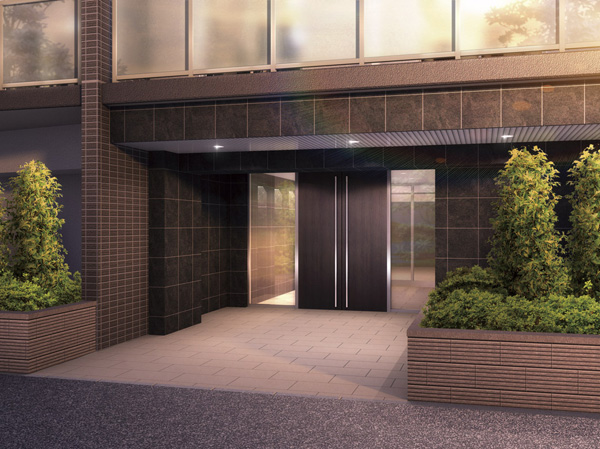 Shared facilities.  [Entrance Rendering] Entrance to become the face of as Residence, Using carefully selected material was directing the expression of a certain sense of quality. ( ※ Which was raised drawn based on drawing, In fact a slightly different.  ※ Tree species of planting ・ For the size of the, It has become unsettled, No attempt has been made to grow to about Rendering at the time of completion. Also planting does not indicate the status of a particular season)