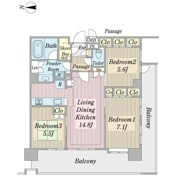 Floor plan. 3LDK, Price 44,800,000 yen, Occupied area 76.18 sq m , Balcony area 27.51 sq m