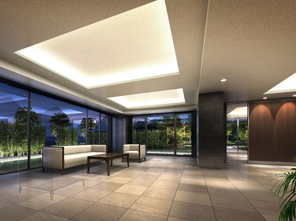 Shared facilities.  [Entrance hall ・ Lounge Rendering] From the wide glass window of the lounge, Daytime Insert the sunshine of just overflowing with Sansan, It will be filled to the relaxed feeling of opening. Furthermore landscape likened to the basin of granite and gravel that was nestled outside the window, In a special space to bring the healing and moisturizing. Good comfortable such as Tsutsumikomu gently with just spend the time this location is, Live person. Greeted warmly also for visitors of course.