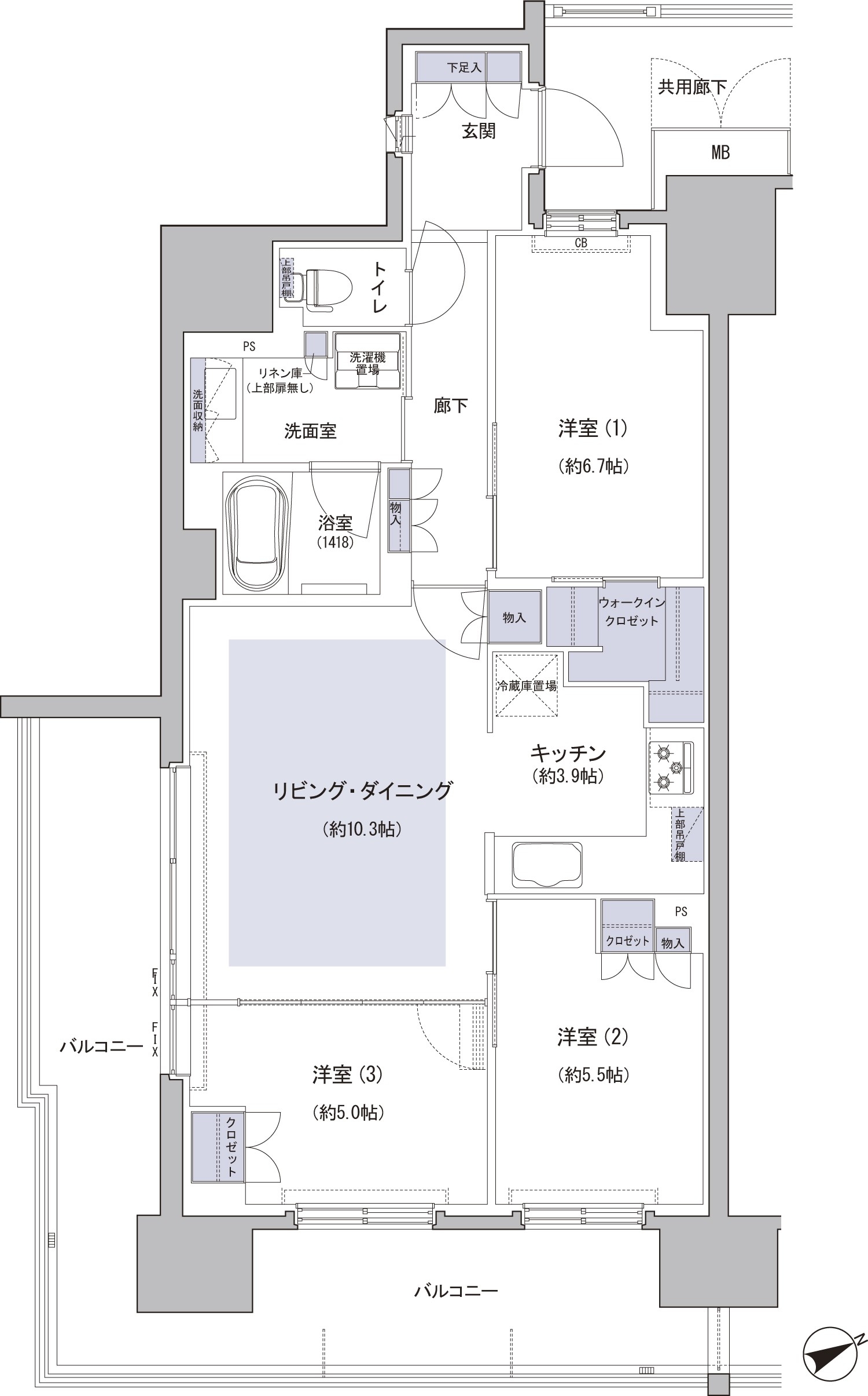 D type 3LDK + WIC Occupied area / 74.64 sq m  Balcony area / 23.70 sq m   ※ WIC = walk-in closet