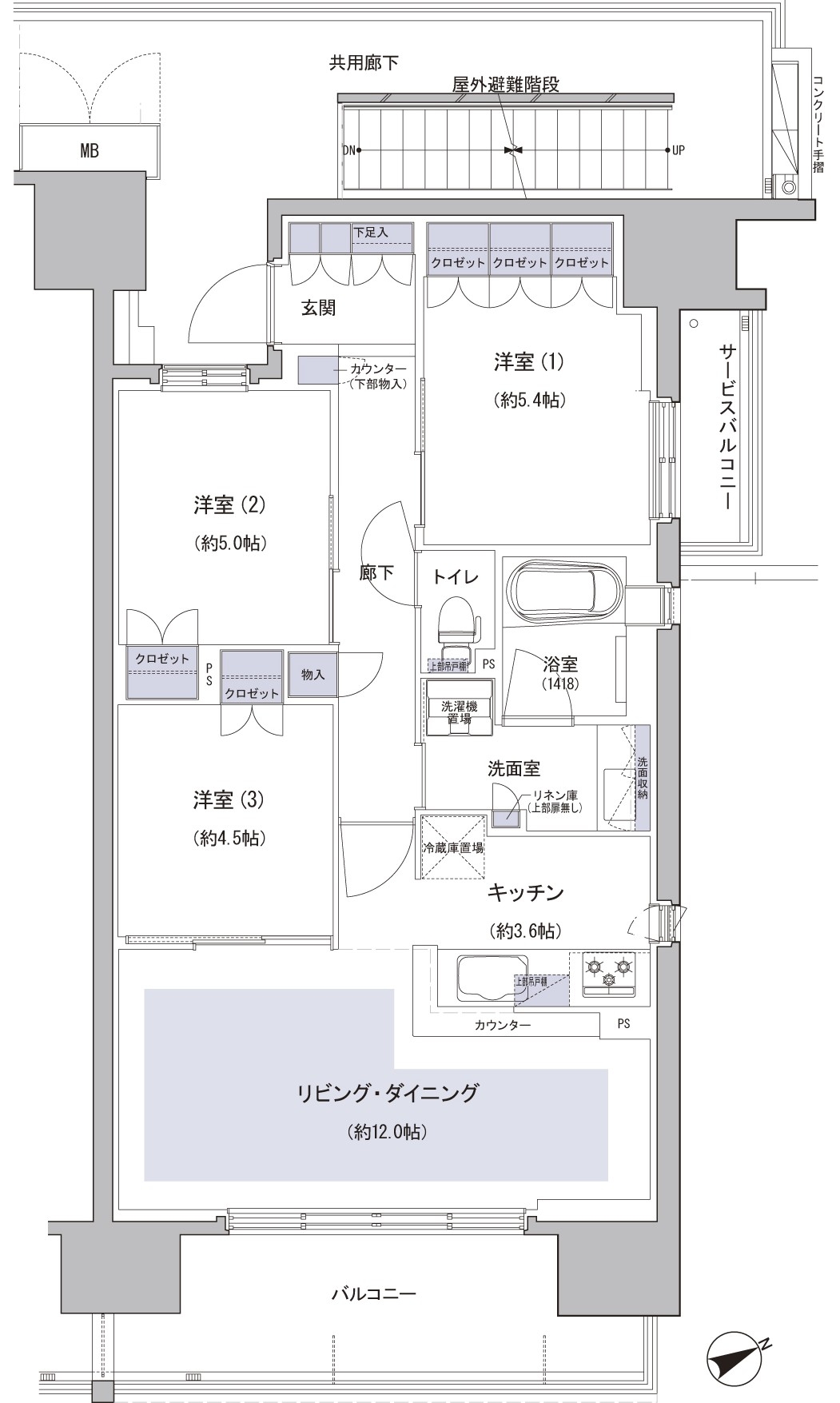 A type 3LDK + WIC Occupied area / 70.31 sq m  Balcony area / 11.16 sq m  Service balcony area / 2.77 sq m   ※ WIC = walk-in closet