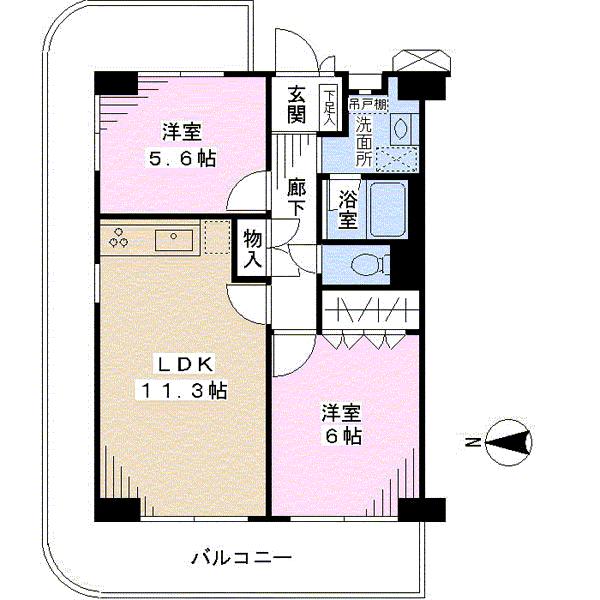 Floor plan. 2LDK, Price 22,800,000 yen, Occupied area 55.66 sq m , Balcony area 23.39 sq m