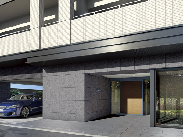 Shared facilities.  [Entrance approach Rendering CG] Plus the warmth of natural stone to the monotone of cool design. Gray tile will produce a sense of rhythm to the appearance. Grid line of the facade is coined the independence and private sense of dwelling unit.  ※ In fact a somewhat different in those drawn on the basis of the drawings.