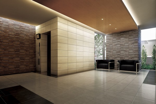 Building structure. Entrance Hall natural stone tone of the tile that was used in indirect lighting and wall strike a heavy atmosphere. Is a sophisticated hall can also be used in waiting (Rendering)