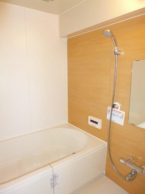 Bathroom. In refreshing impression bathroom, Panel of wood is accented.