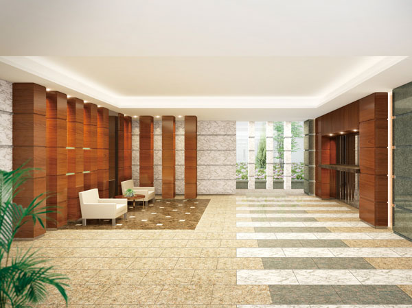 Buildings and facilities. It has been isolated from the outside of the hustle and bustle, Spacious and quiet space of peace which the air flows such as sanctuary. Warm and hospitable people who visit is full of texture taste on a quiet lighting and profound feeling full of design-conscious Yingbin space that weaves. (Entrance Hall Rendering)