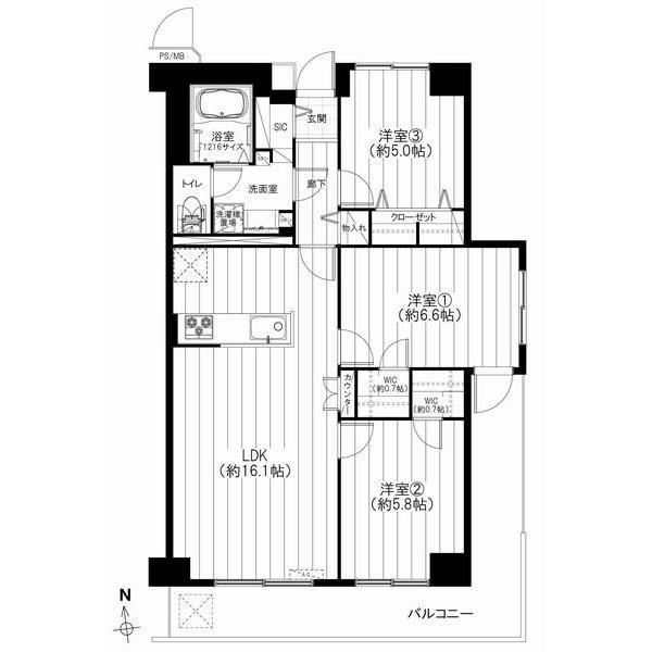 Floor plan. 3LDK, Price 31,900,000 yen, Occupied area 72.72 sq m , Balcony area 14.52 sq m
