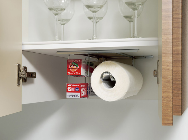 Kitchen.  [Kitchen Tsutoka multi holder] At the bottom of the kitchen shelf cupboard, Wrap or foil, Installing the holder Okeru housed so that easy-to-use paper towels, etc..