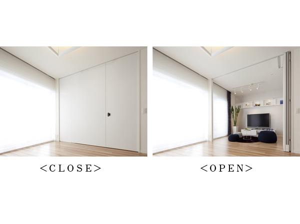 Features of the building.  [Wall door] living ・ If you use by connecting dining and Western-style a (2), In spacious space of about 17 tatami mats. (Model Room A type)