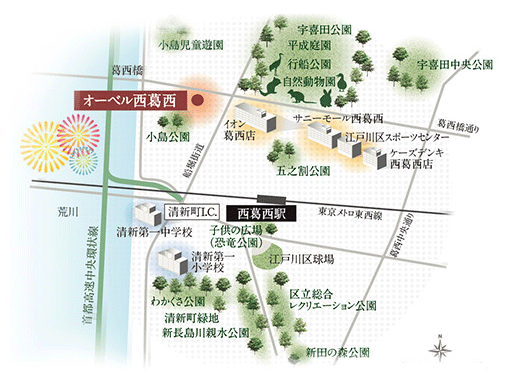 Surrounding environment. Generous "ion Kasai shop", including a 4-minute walk, Around Nishi-Kasai Station, Fulfilling a variety of commercial facilities. In front of the station "Waizumato" conveniently open 24 hours a day. Also, Zoo is the hotel's proud of the scale of about 30,000 sq m 4-minute walk from the "row boat park". Many of the park dotted with walking distance, such as "Ukita park", You can enjoy the healing green to fully. Also, Easy access by bicycle or bus to the "Kasai Seaside Park". Is the environment that you can enjoy a fun-free life the whole family. (Local peripheral guide map)