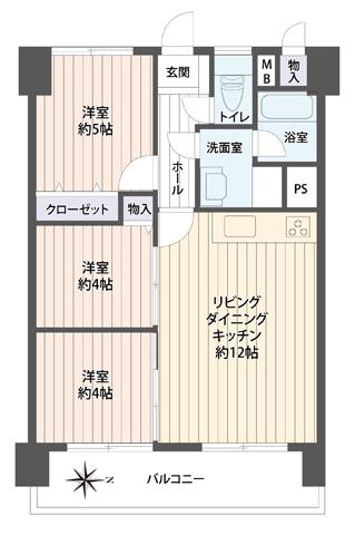 Floor plan. 3LDK, Price 22,400,000 yen, Footprint 59.8 sq m , Balcony area 9.29 sq m