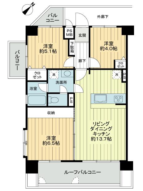 Floor plan. 3LDK, Price 31,800,000 yen, Footprint 65.8 sq m , Balcony area 5.24 sq m