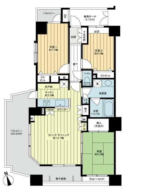 Floor plan. 3LDK, Price 25,800,000 yen, Occupied area 75.73 sq m , Balcony area 20.53 sq m south-facing west side angle sun per view good is room! !