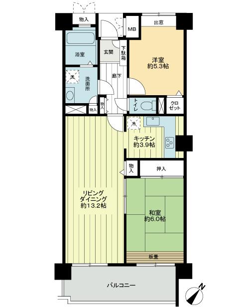 Floor plan. 2LDK, Price 23.8 million yen, Occupied area 66.08 sq m , Balcony area 9.61 sq m