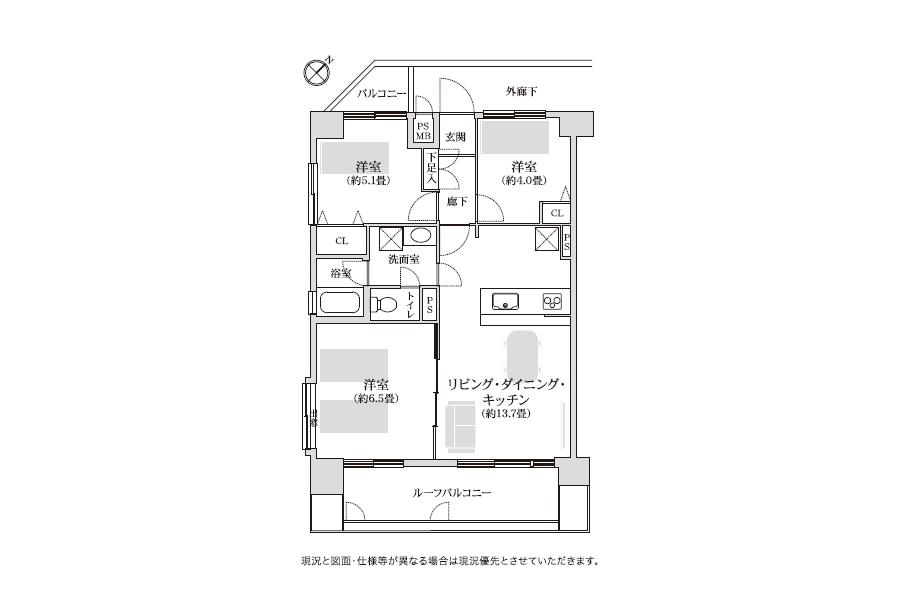 Floor plan. 3LDK, Price 31,800,000 yen, Footprint 65.8 sq m , Balcony area 3 sq m