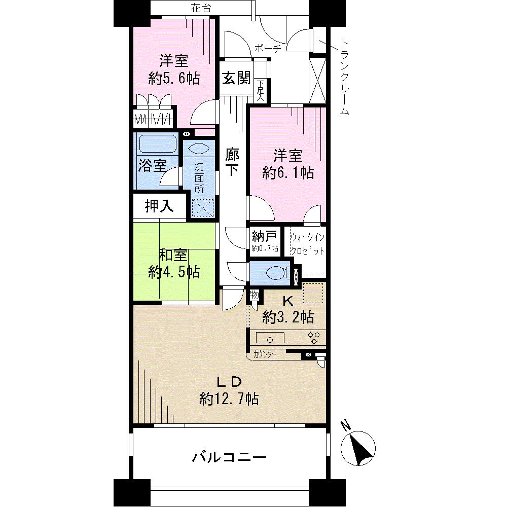Floor plan. 3LDK + S (storeroom), Price 44,800,000 yen, Occupied area 75.05 sq m , Balcony area 12.6 sq m