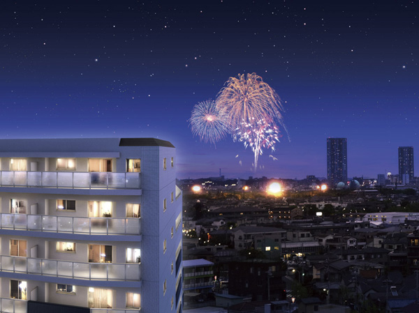 Buildings and facilities. Performing with brilliant Edogawa fireworks of every August midsummer of "Plessis Mizue". From the upper floors of the private space (with dwelling unit which is not visible on the type), You can enjoy splendid fireworks to be launched so as to enjoy the summer. (Exterior - Rendering /  ※ To that caused drawn based on drawing, Height 11th floor equivalent neighboring building (about 30m) combining a photograph showing the northeast direction than (about 150m from local) (April 2013 shooting) (it has been made part of image processing), In fact a slightly different. Also launch position of publication of fireworks, angle, height, The size is slightly different from the actual ones, The view is not intended to be guaranteed in the future)