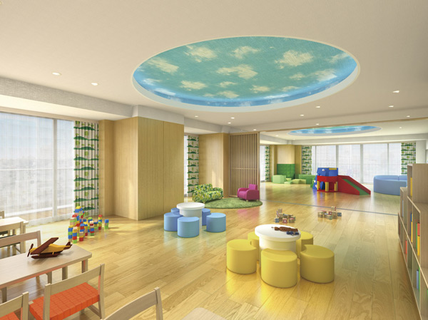 Shared facilities.  [Kids Room ・ Kids library] Children's Room of the bright and airy atmosphere that features a library, Parents and children feel free to gather, It gives us the joy of parenting, Well child's growth, Us nurture the connection between parents through the child-rearing. (Rendering)