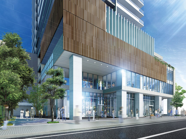 Shared facilities.  [Mall Entrance] It invites a lot of people to the commercial facility public mall entrance. Adopt a glass wall with a brightness and clarity. The sign of green and come and go people who nestled on site, You variously reflect. (Rendering)