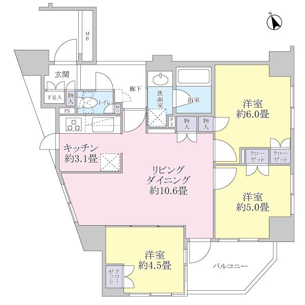 Floor plan. 3LDK, Price 30,600,000 yen, Occupied area 62.58 sq m , Balcony area 5.77 sq m 3LD ・ K type