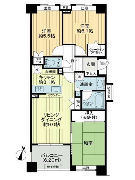 Floor plan. 3LDK, Price 31,800,000 yen, Occupied area 66.31 sq m , Balcony area 6.2 sq m
