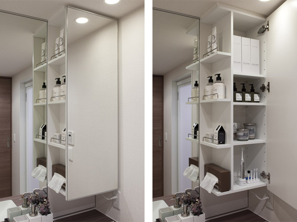 Bathing-wash room.  [Mirror became mirror cabinet and close with depth] Since the mirror is close making it easier to also make. Mirror cabinet with depth can be stored tissue box.