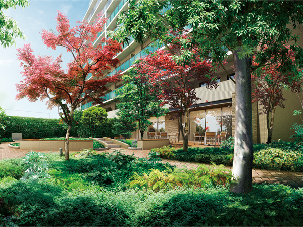 Shared facilities.  [Season Forest] Trees to symbolize the "season Forest" is, Six of Katsura tree. Enjoy coloring up autumn leaves from the fresh green, It drifts fresh green scent of. At the bottom of the trees, Tree-shaded terrace are available. Guests can indulge in the joy that melt together with their own way to clear natural. (Rendering ※ Which was raised to draw based on the drawings of the design stage, In fact and it may be slightly different. Also, Planting a particular season ・ Those drawn on the assumption the state at the time of your move does not have a. )