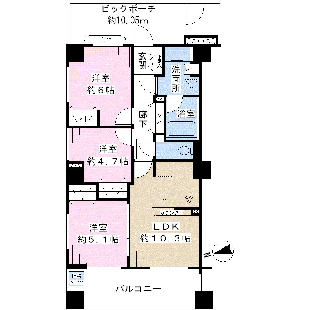 Floor plan. 3LDK, Price 33,800,000 yen, Occupied area 61.61 sq m , Balcony area 10.98 sq m