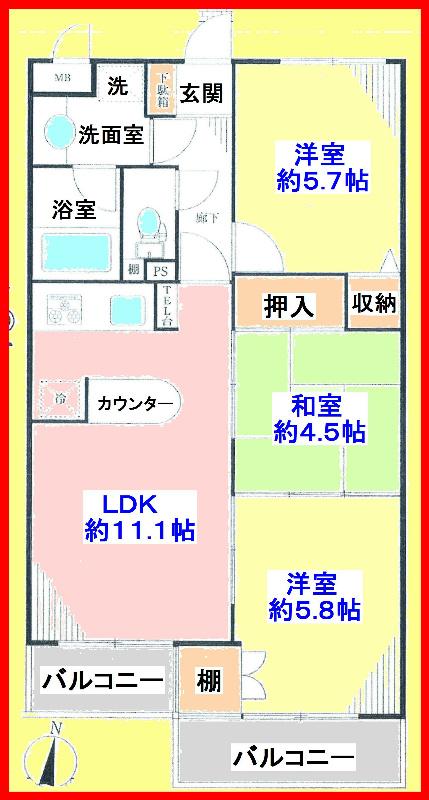 Floor plan. 3LDK, Price 21,800,000 yen, 2 side balcony of the occupied area 60.69 sq m south-facing
