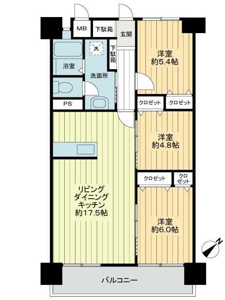 Floor plan. 3LDK, Price 31,900,000 yen, Occupied area 74.88 sq m , Balcony area 9.1 sq m