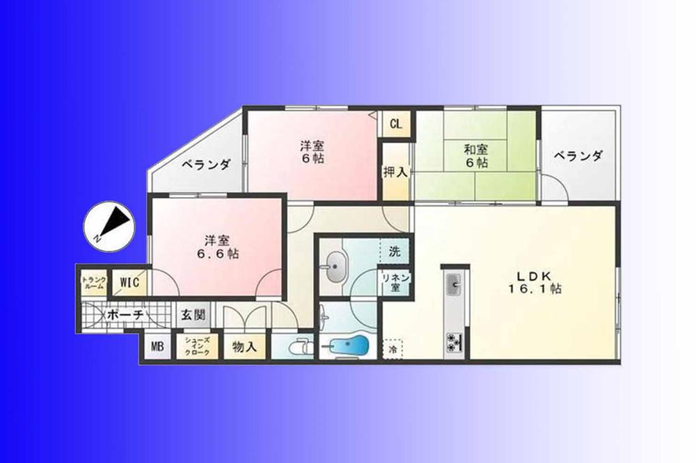 Floor plan. 3LDK, Price 31,800,000 yen, Occupied area 76.17 sq m , Balcony area 2.57 sq m   [It will be able to do housework while looking at the state of the family in a two-sided lighting counter kitchen of the southwest angle room]