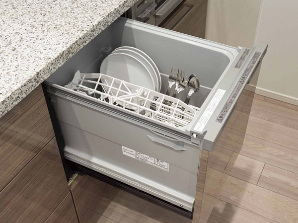 Kitchen.  [Dish washing and drying machine] It looks a beautiful dish washing and drying machine was made standard equipment with no door surface material types of frame. It also contributes to energy saving in the water-saving type.