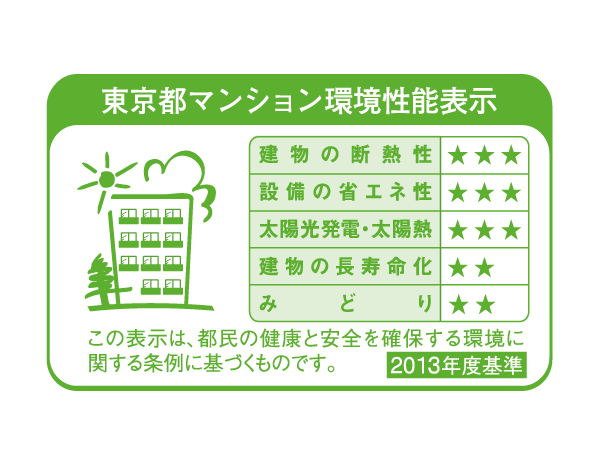 Other.  [Tokyo apartment environmental performance display] Large-scale new construction ・ By providing information about the environmental performance of the extension such as the apartment towards the purchase plan, Mansion expansion of choices that are friendly to environment ・ Improvement of evaluation in the market ・ It is a system to encourage the efforts of the owner of the voluntary environmental considerations. "Thermal insulation of buildings.", "Equipment of energy conservation.", "Solar power ・ Solar thermal ", "The life of the building.", About five items of "green", Evaluated by an asterisk (), Displays on the label.  ※ For more information see "Housing term large Dictionary"