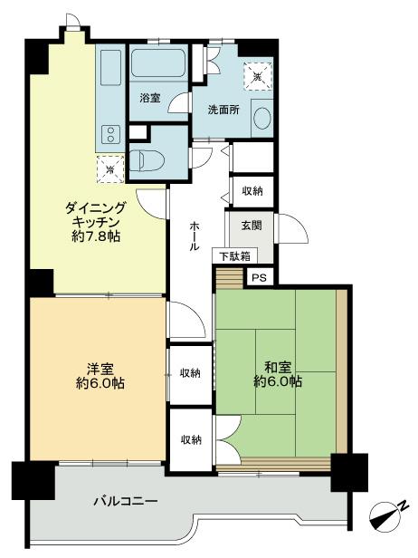 Floor plan. 2DK, Price 19,800,000 yen, Occupied area 54.38 sq m , Balcony area 8.59 sq m