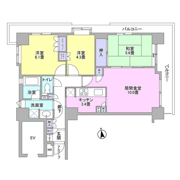 Floor plan. 3LDK, Price 32,800,000 yen, Occupied area 69.05 sq m , Balcony area 15.23 sq m