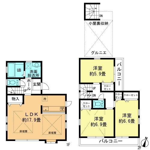 Floor plan. 43,800,000 yen, 3LDK, Land area 110 sq m , Building area 87.66 sq m LDK17 Pledge, Two-sided balcony, Good fixed stairs with attic storage easy-to-use
