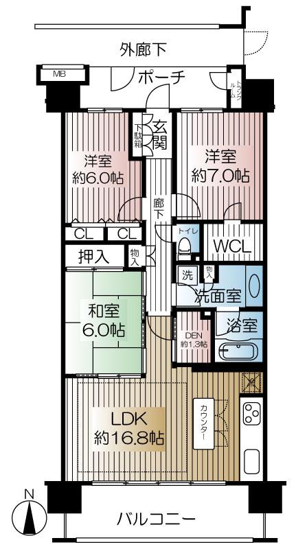 Floor plan. 3LDK, Price 34,800,000 yen, Occupied area 85.12 sq m , Balcony area 13.4 sq m