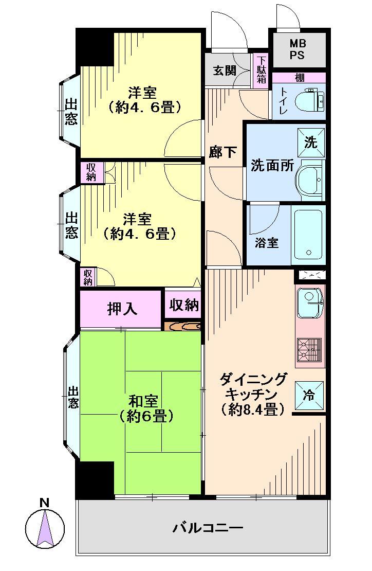 Floor plan. 3DK, Price 22,800,000 yen, Occupied area 55.13 sq m , Balcony area 7.15 sq m