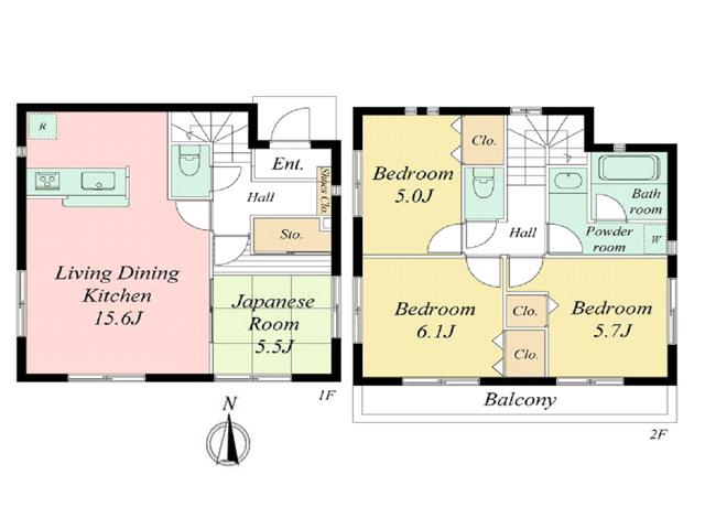 Floor plan. (Building 2), Price 45,800,000 yen, 4LDK, Land area 114.01 sq m , Building area 87.88 sq m