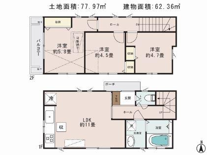 Floor plan. 29,800,000 yen, 3LDK, Land area 77.97 sq m , Building area 62.36 sq m Zenshitsuminami facing 3LDK