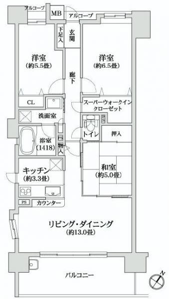 Floor plan. 3LDK, Price 27,800,000 yen, Occupied area 75.03 sq m , Balcony area 12.3 sq m wide living room features