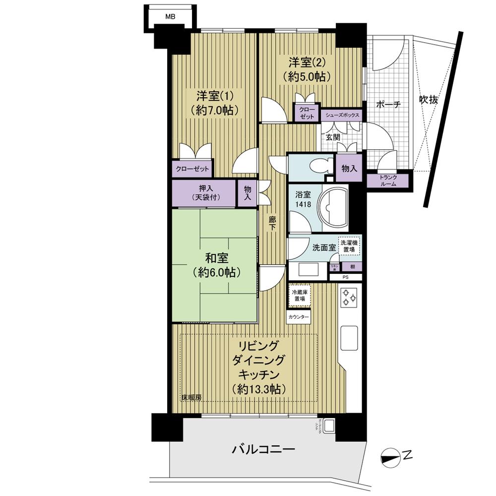 Floor plan. 3LDK, Price 32,800,000 yen, Footprint 71.5 sq m , Balcony area 12.11 sq m frontage full Hi spread LDK is open-minded 3LDK plan