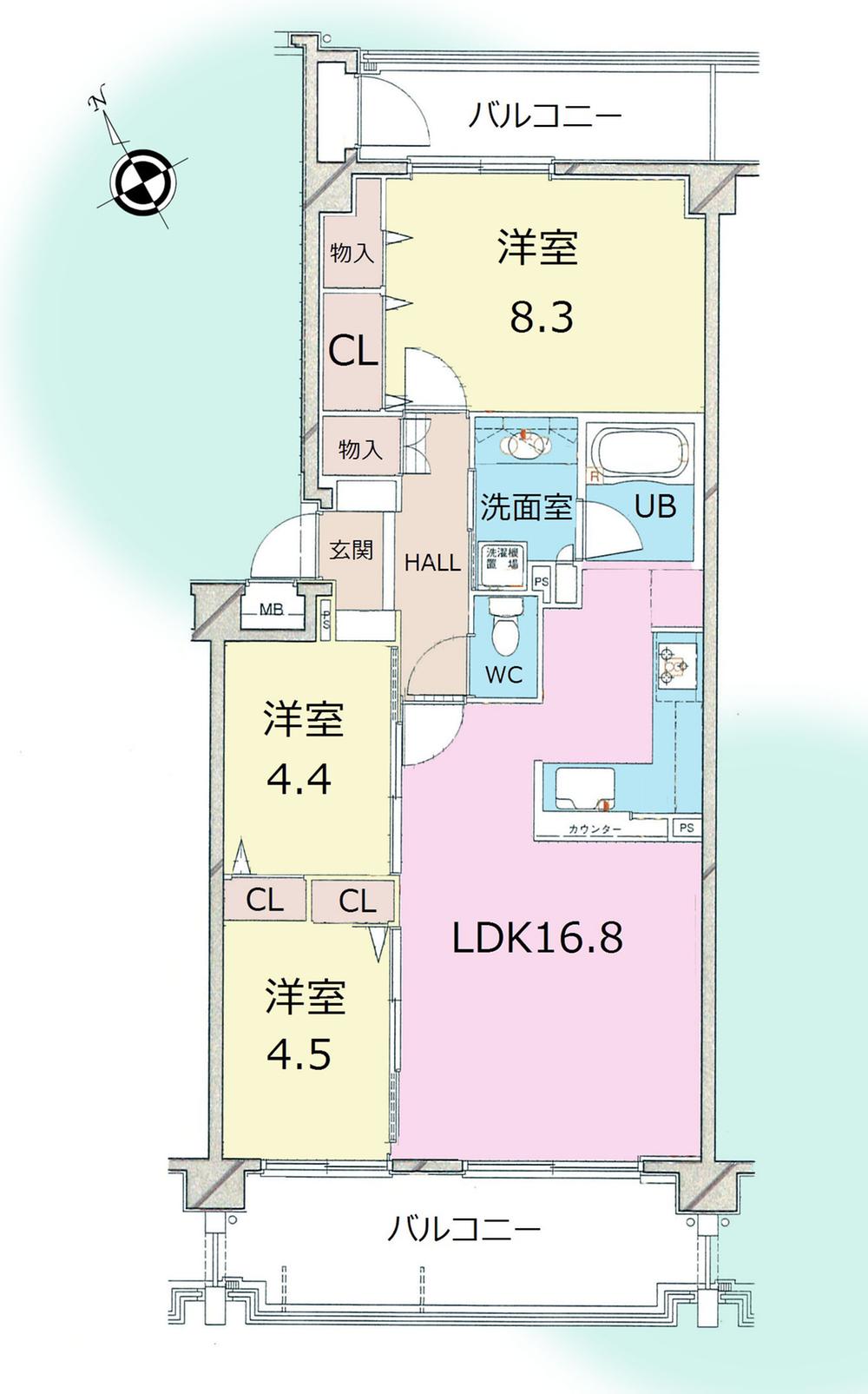 Floor plan. 3LDK, Price 32,800,000 yen, Occupied area 76.35 sq m , Balcony area 19.28 sq m living is spacious 16 quires more