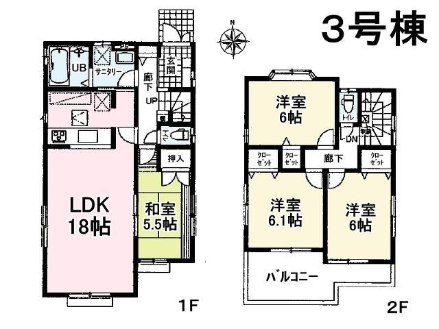 Floor plan. (3 Building), Price 46,800,000 yen, 4LDK, Land area 119.27 sq m , Building area 96.46 sq m