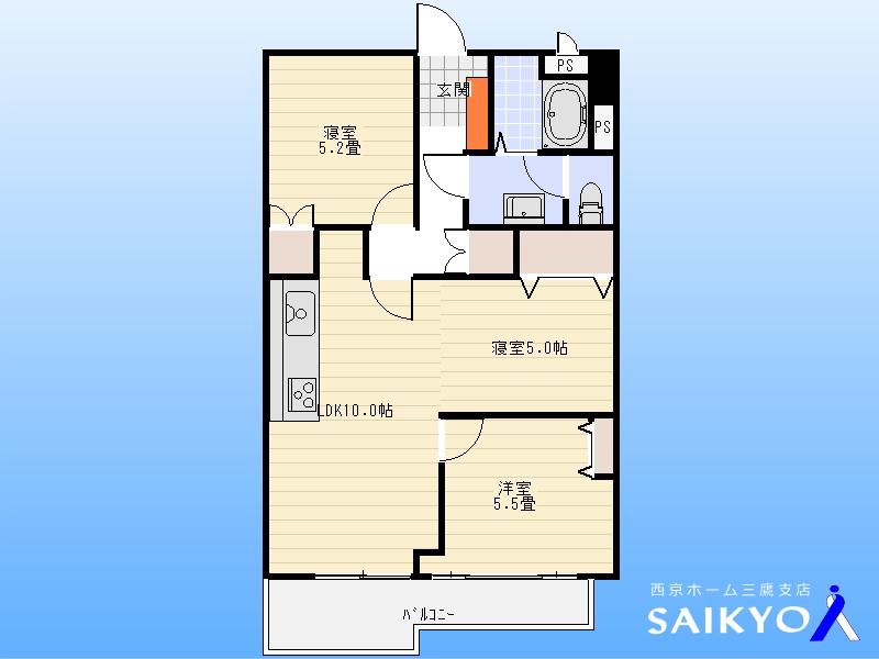 Floor plan. 2LDK, Price 19.9 million yen, Occupied area 61.92 sq m , Balcony area 7.09 sq m floor plan