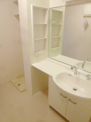 Washroom. Wash basin with large mirror