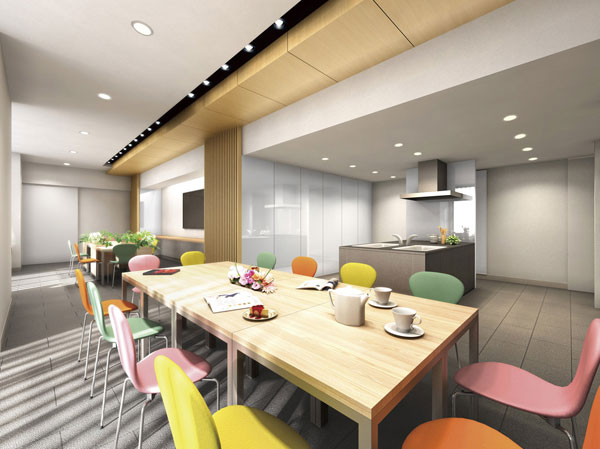 Shared facilities.  [The center of the community, "Marks Lounge"] Guests can enjoy a variety of parties using the kitchen and dining table. Or held a screening event with a large monitor. Space that can be used for many purposes depending on the idea. It has adopted a high-quality interior of the "Idee". (Rendering)