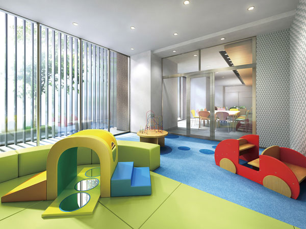 Shared facilities.  [Play by moving the body, even on a rainy day "Kids Room"] Adjacent to the "Marks lounge", Play with educational toys Bonerundo established a "Kids Room". By line-of-sight is easily accessible design to children, Spread variations of how to use the "Marks Lounge". (Rendering)
