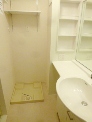 Washroom. Wash basin with large mirror