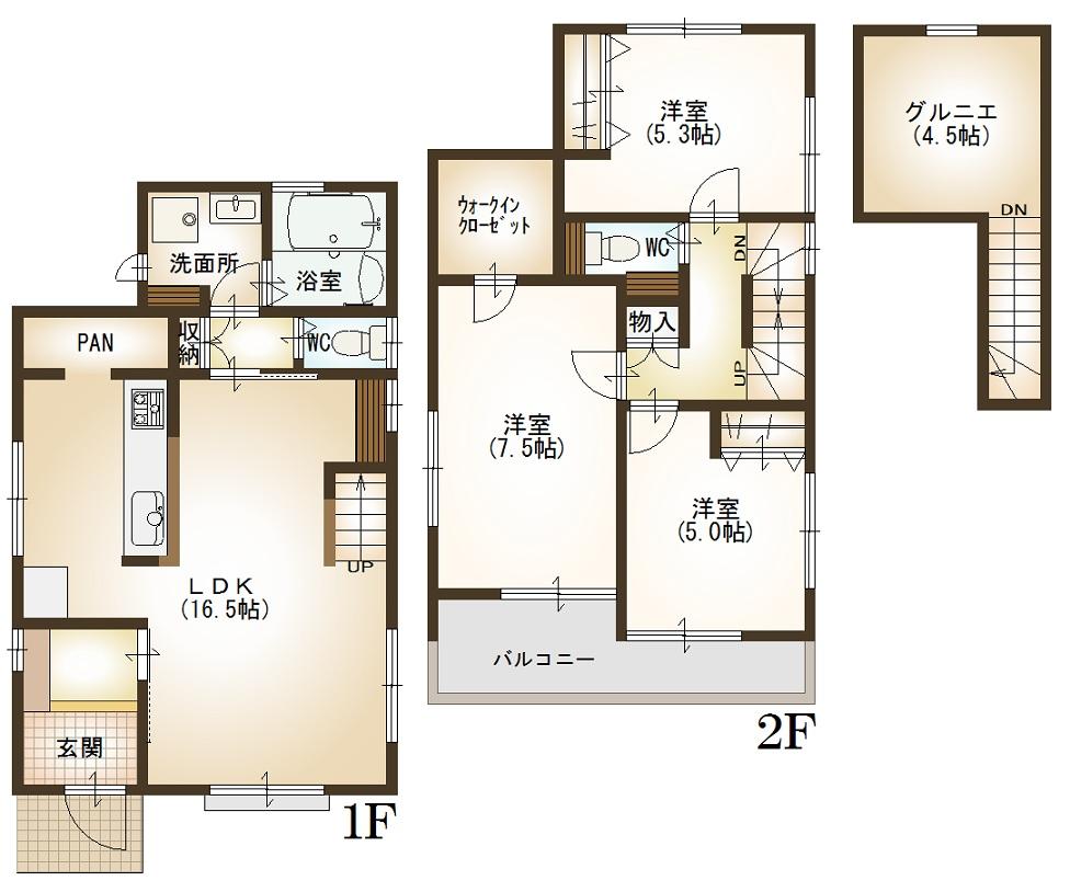 Building plan example (floor plan). Building plan example (No. 6 locations) Building price 11 million yen, Building area 85.85 sq m